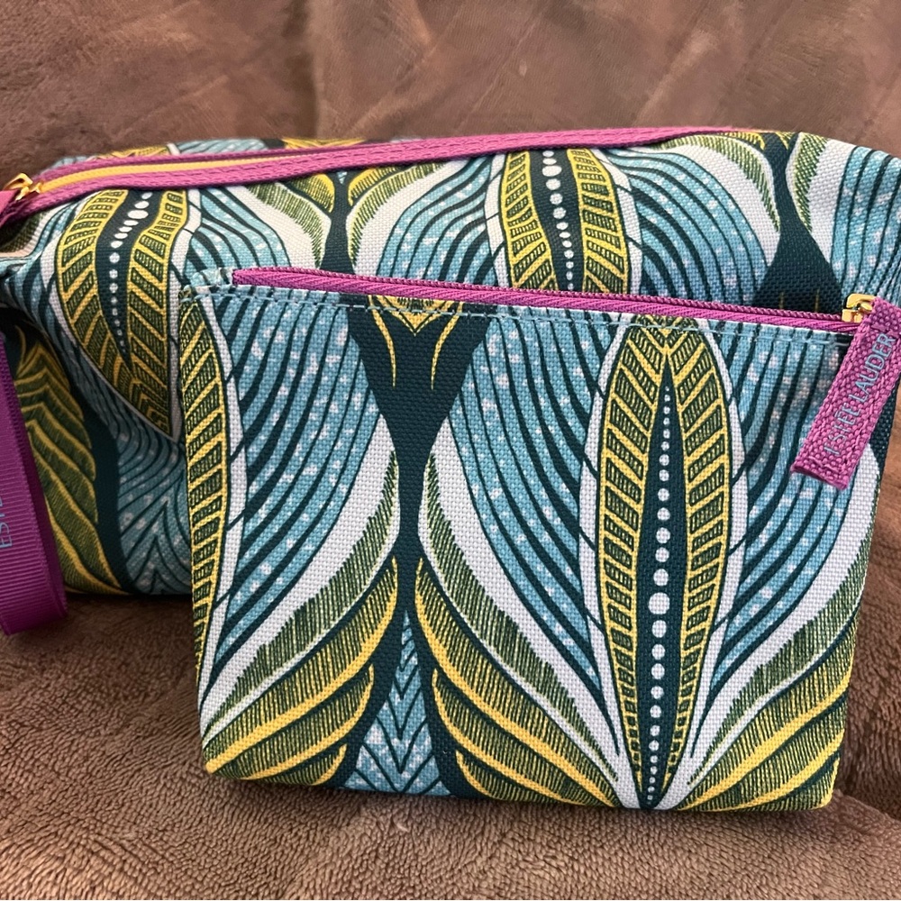 Estee Lauder Blue and Green Cosmetic Bags with Bold Patterns